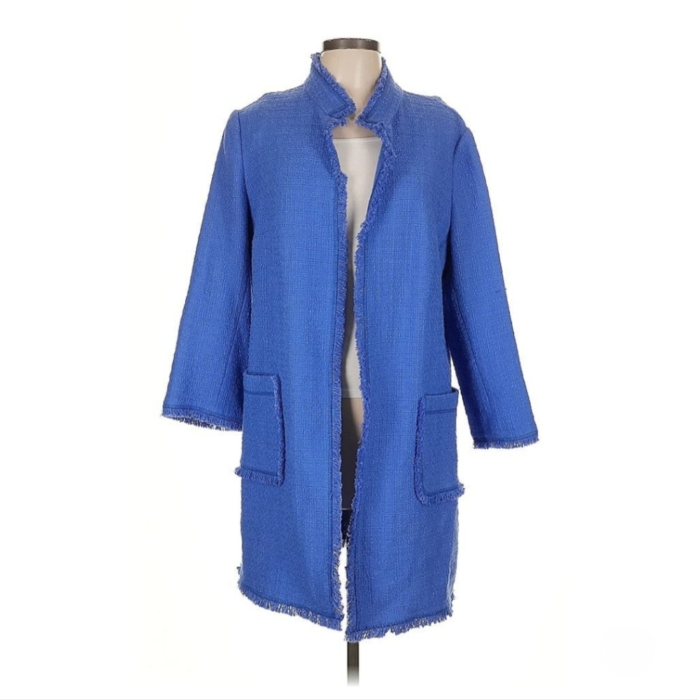 Blue cotton jacket with fringe details, lining, and pockets, Size L